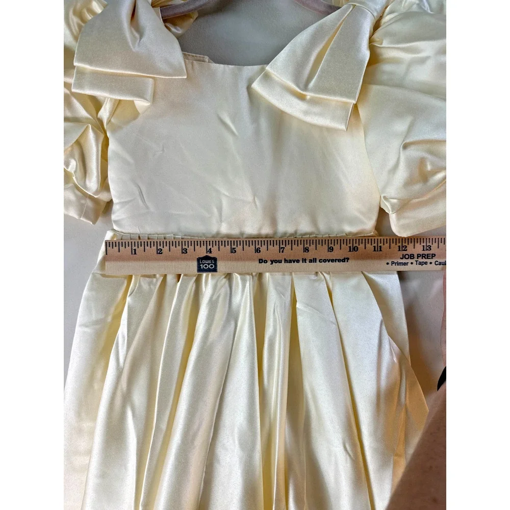 Girls Ivory Satin Flower Girl Dress Puff Sleeve Bow Formal Wedding Size 5 6 - Picture 5 of 7